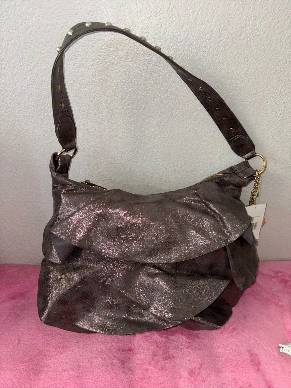 Betsey Johnson Metallic Hobo with Pearl-Embellished Strap